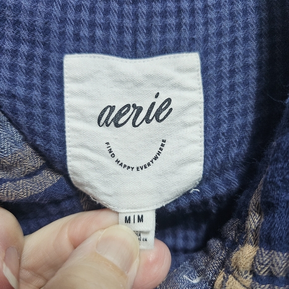 Aerie Plaid Button Down Shirt Cotton Gauze Size Medium Women’s Blue Cream Tan. - Picture 6 of 8